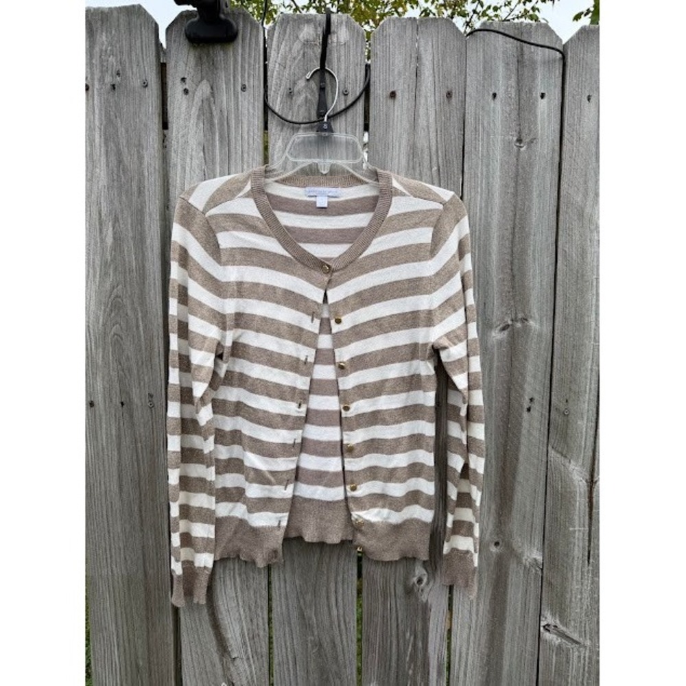 Preppy Nautical New York & Company Cardigan Size M Tan White Striped Shimmer